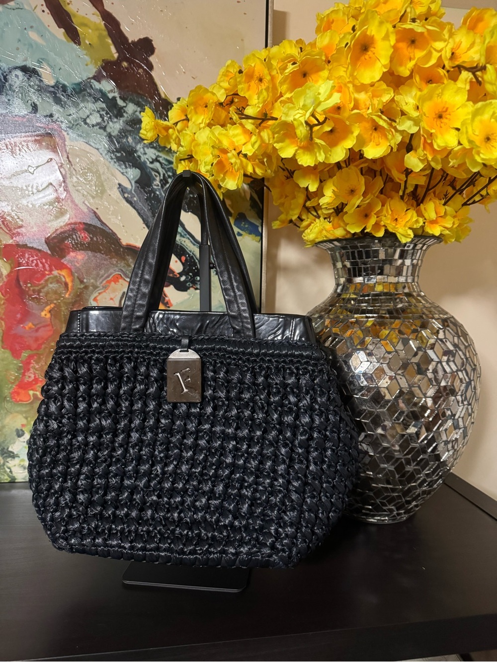 Furla Black Woven Tote with Top Handles